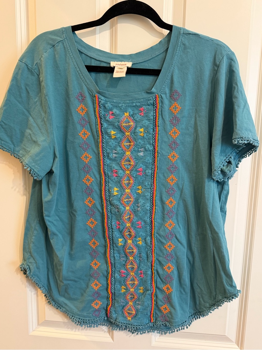 Women’s Sundance boho beaded teal t shirt, size xl
